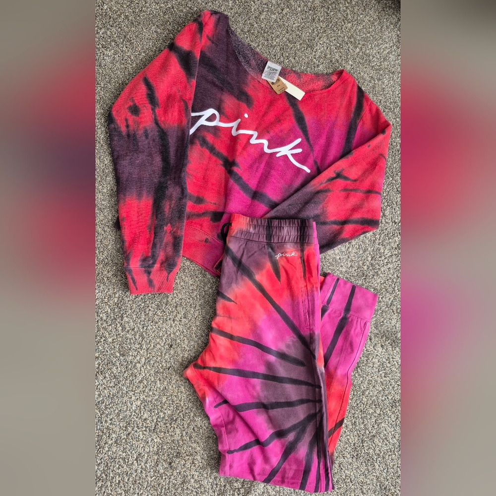 PINK Victoria's Secret Red and Purple Tie-Dye Leggings Set